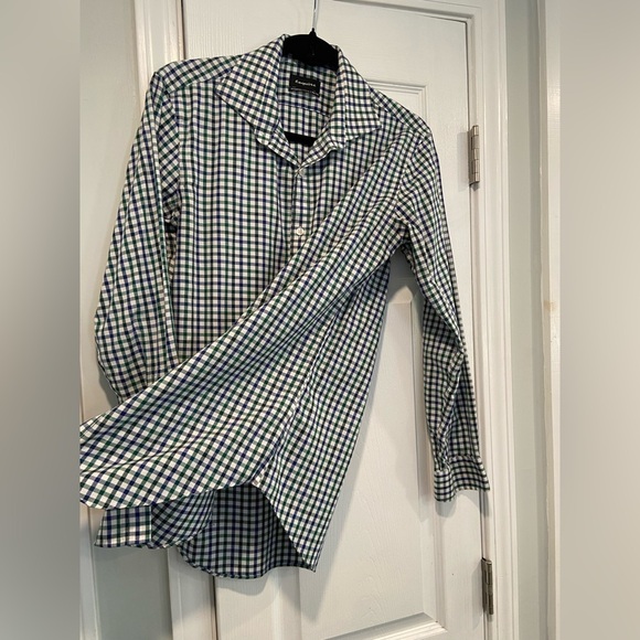 Esquire Size 15 Performance Slim Fit Non Iron Blue Green Plaid Button Down Shirt - Picture 8 of 13